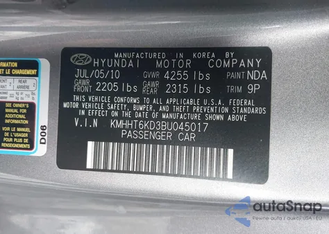 2011 Hyundai Genesis 2.0T z USA, uszkodzony, nr VIN KMHHT6KD3BU045017